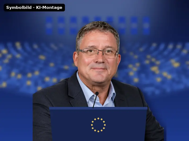 Symbolbild (KI-Montage): Wolfram Borchers an einem Rednerpult vor einem Plenarsaal